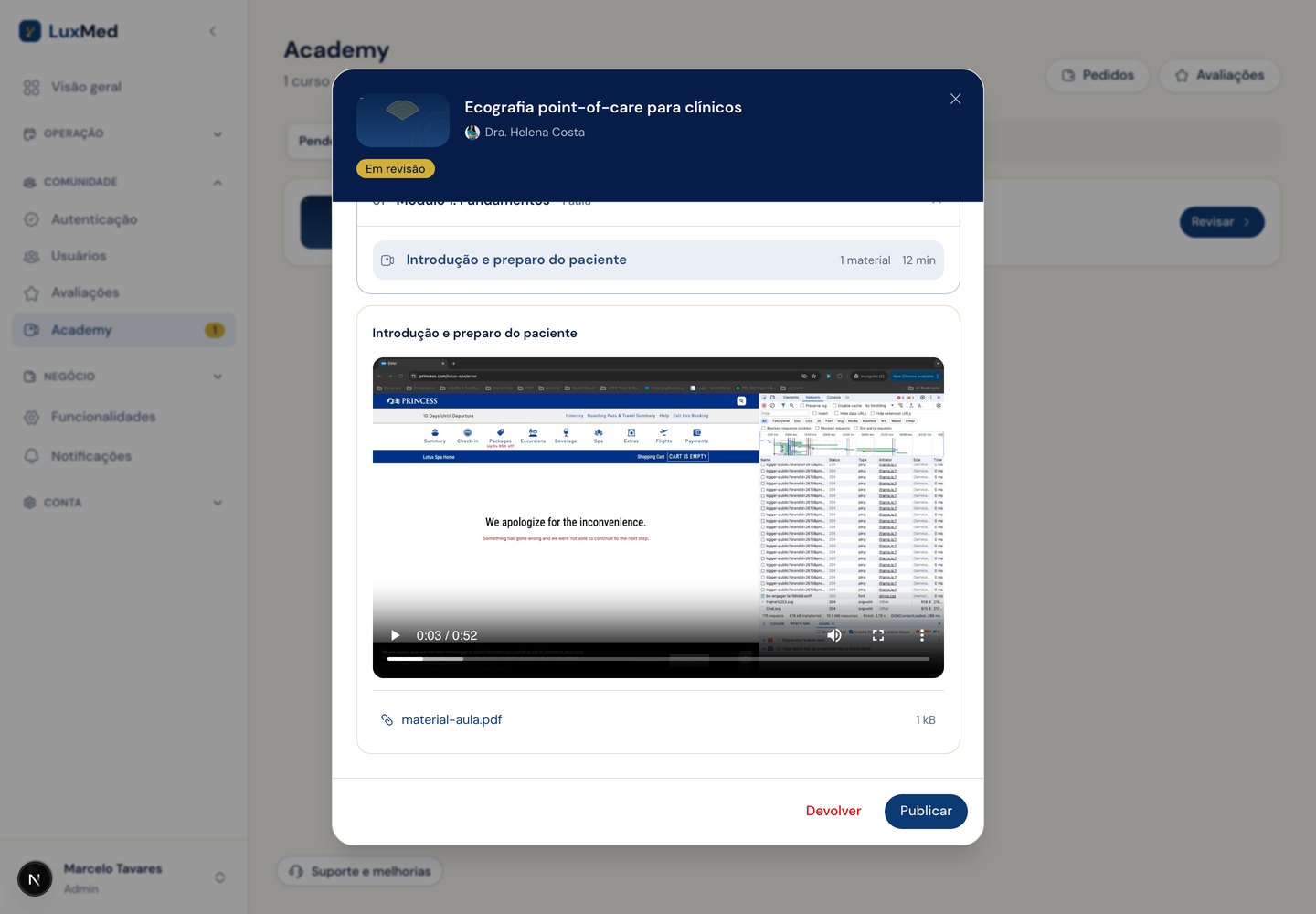 Modal de revisão de curso no admin com preço, descrição e conteúdo