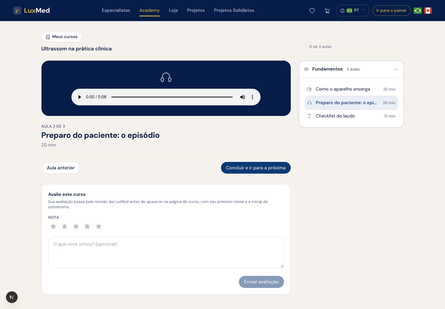 Aula em áudio aberta no player do curso, com o trilho de aulas ao lado