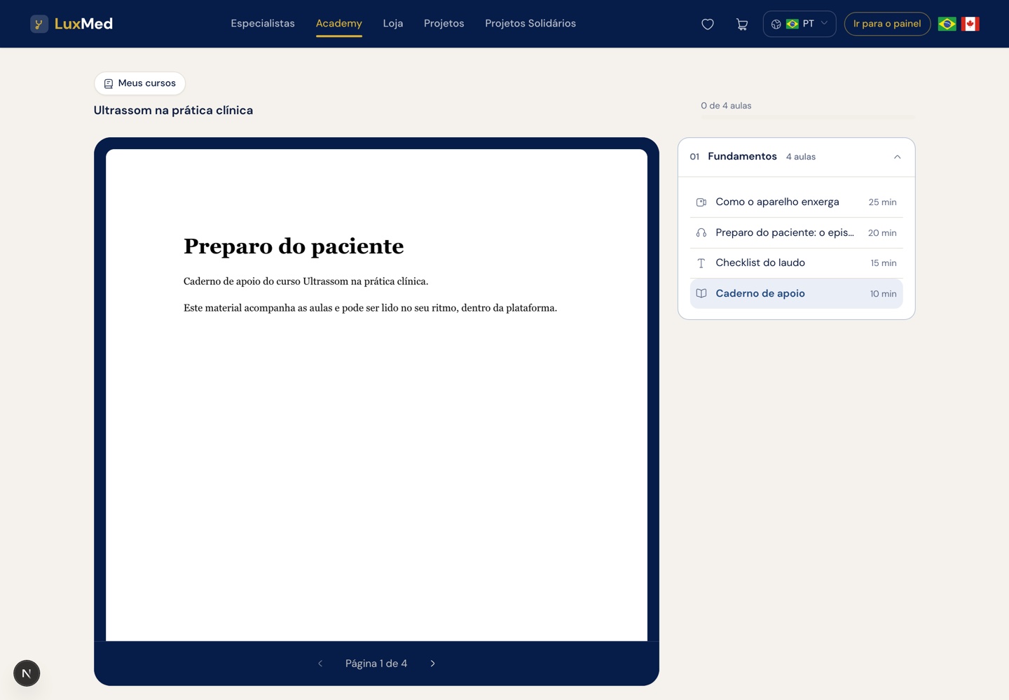 Aula de e-book aberta no leitor do curso, com o trilho de aulas ao lado