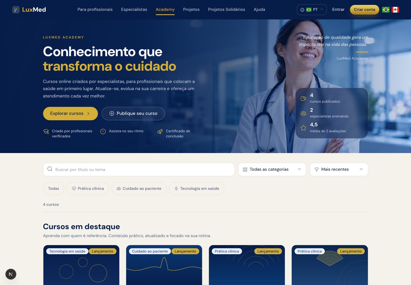 Catálogo público da LuxMed Academy: banner, busca, filtros por categoria e grade de cursos