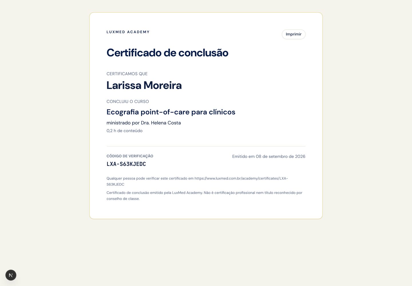 Certificado de conclusão da LuxMed Academy com nome, curso, horas, código de verificação e o aviso legal