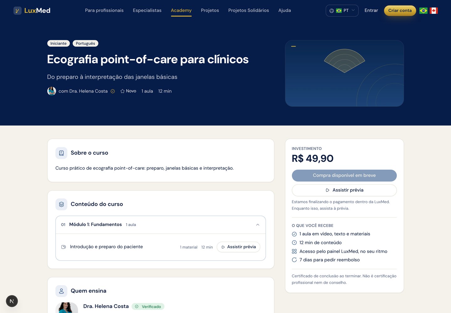 Página de um curso com capa, conteúdo, quem ensina e a coluna de compra