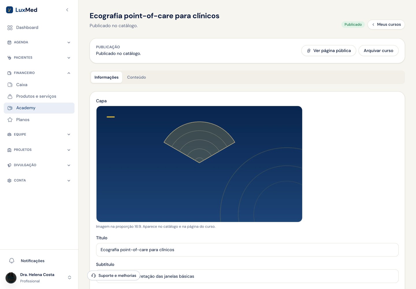 Editor do produtor com o cartão de publicação e o status do curso