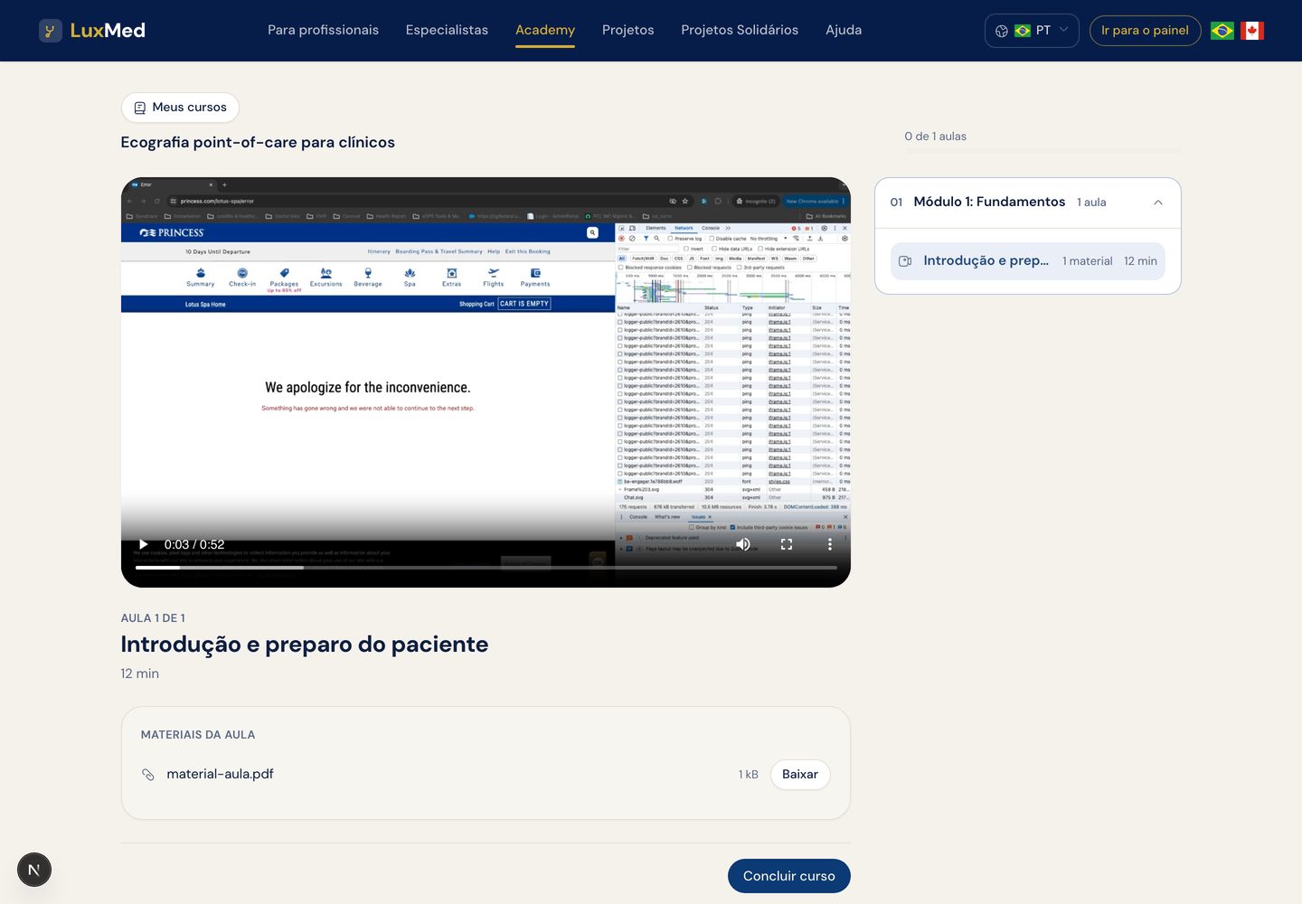 Player de aula com o vídeo, os materiais e o trilho de aulas ao lado