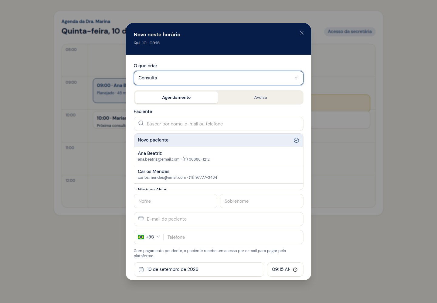 Busca de paciente por nome, e-mail ou telefone na criação da consulta