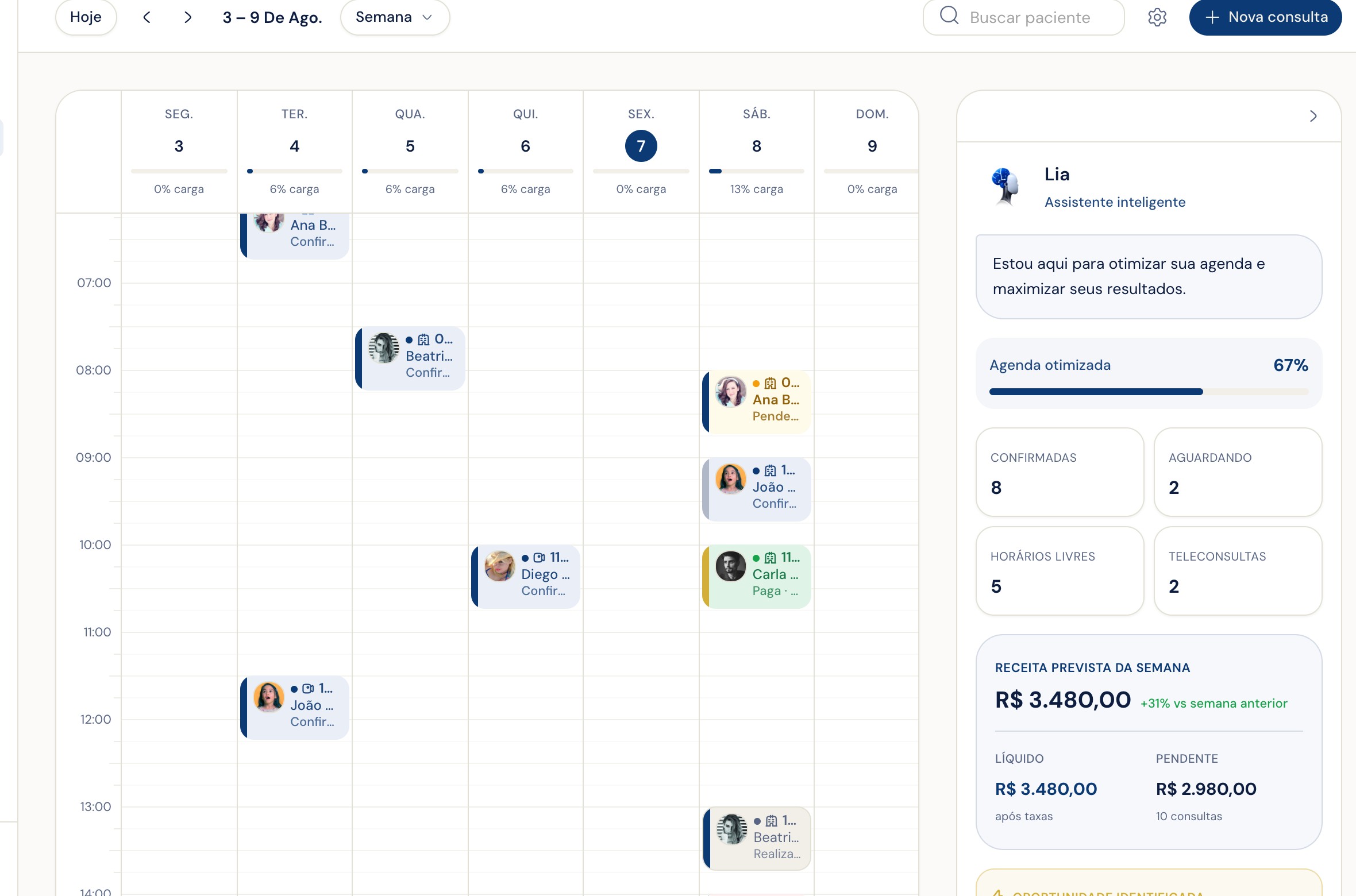 Agenda semanal com blocos coloridos por status: pendente em âmbar, confirmada em azul, paga em verde e realizada em cinza, com o rótulo status e tipo no bloco