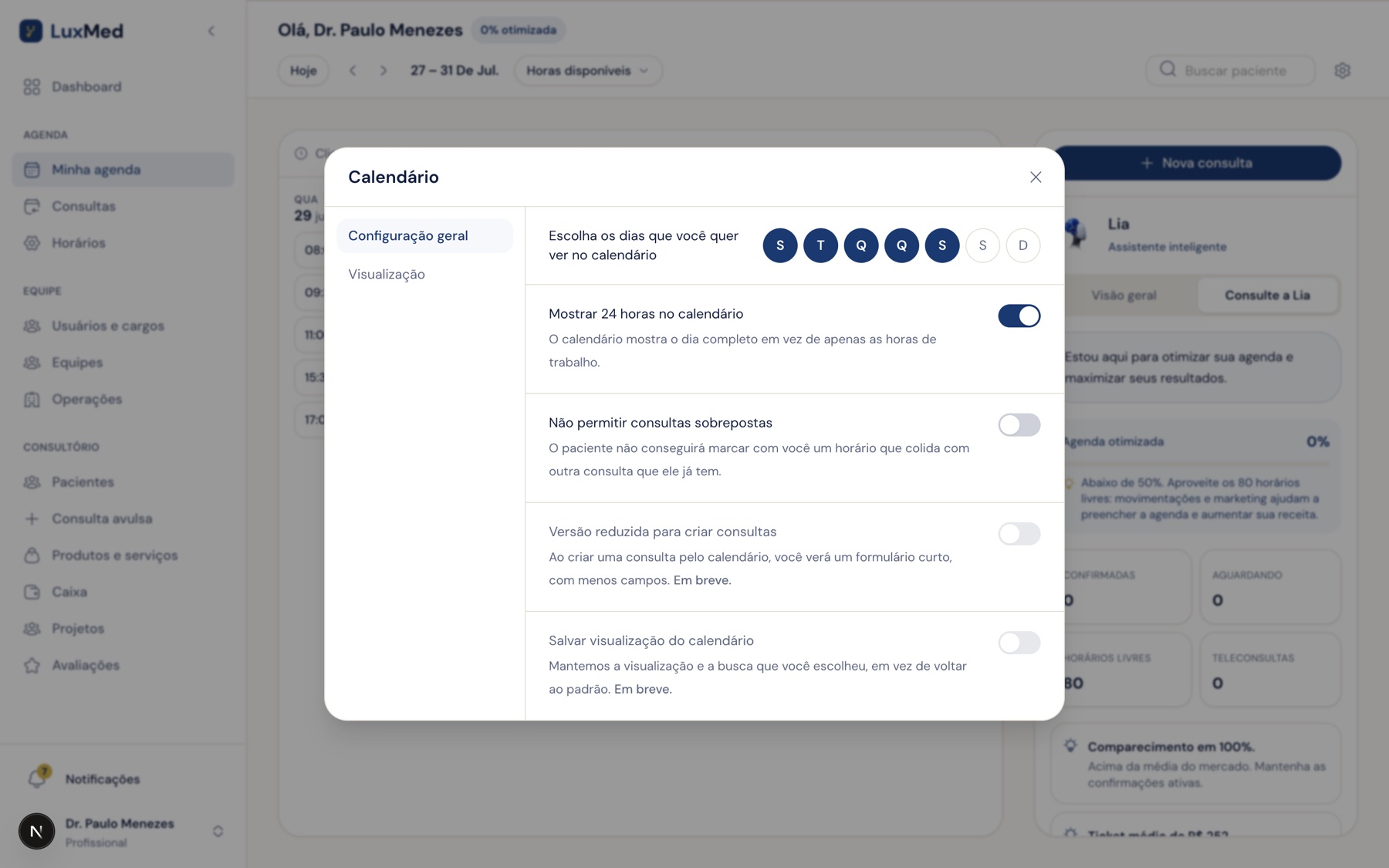 Painel Calendário aberto sobre a agenda, com a escolha dos dias da semana e as opções de exibição