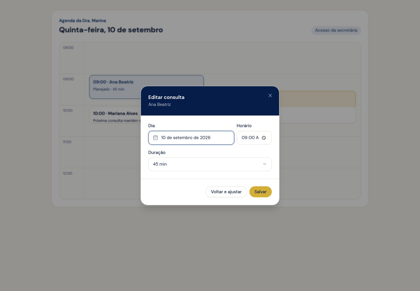 Modal para editar data, horário e duração de uma consulta