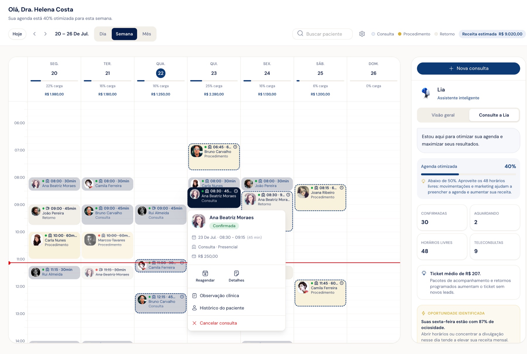 Agenda semanal do profissional, com cards por tipo e o painel da Lia ao lado