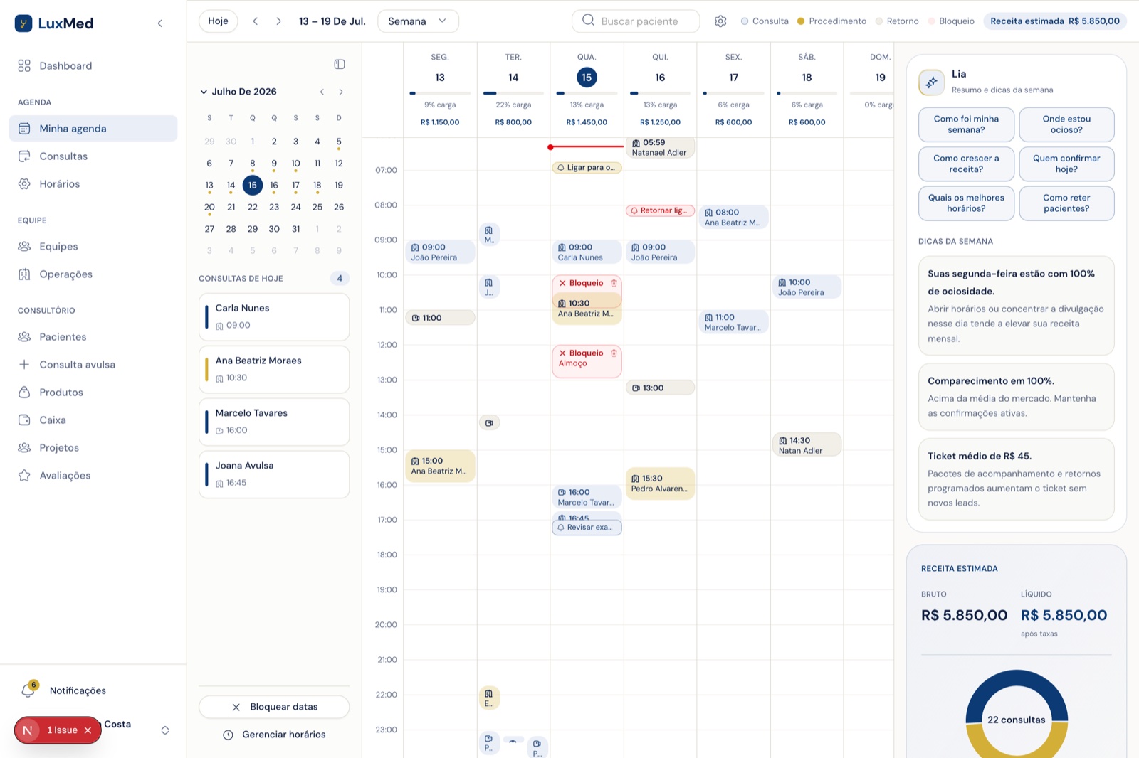 Agenda semanal com consultas por cor, bloqueios, lembretes e o painel da Lia