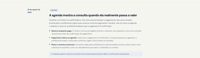 Entrada de novidades explicando quando uma reserva pública passa a aparecer na agenda do profissional
