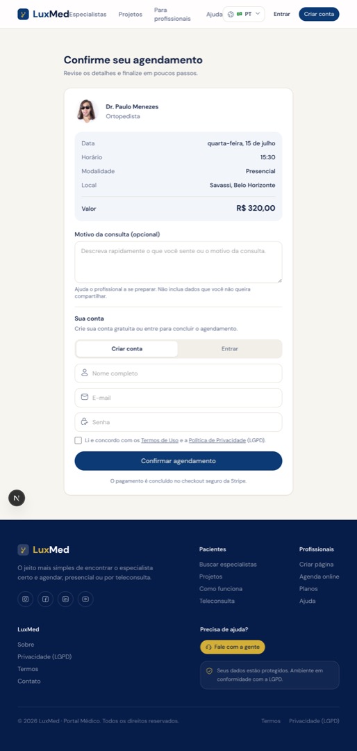 Página de confirmação do agendamento com o resumo da consulta e o formulário de conta