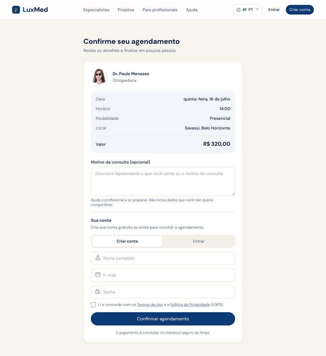 Página de confirmação do agendamento com resumo da consulta e criação de conta