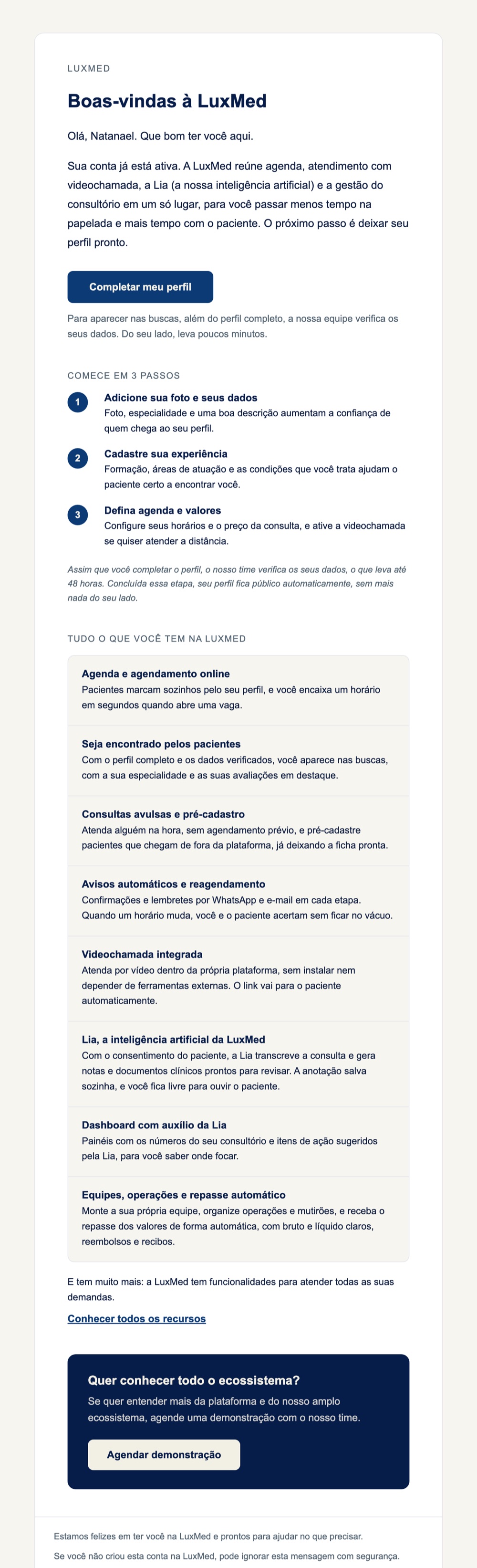 E-mail de boas-vindas do profissional na identidade LuxMed