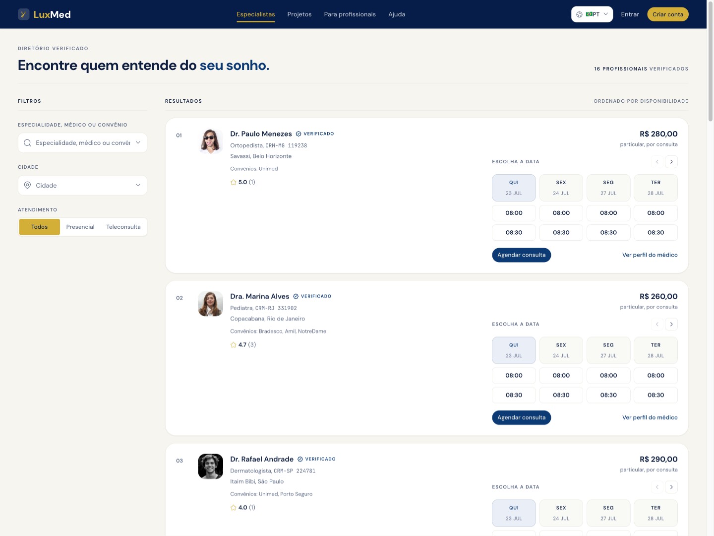 Lista de profissionais na busca, com os cards elevados e as setas de dia da agenda