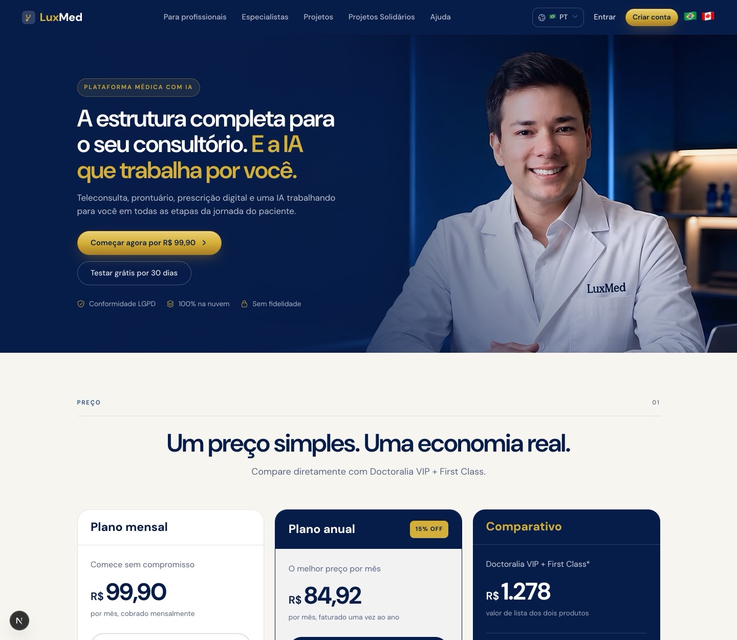 Página pública de Planos com os cards Mensal, Anual em destaque e Comparativo