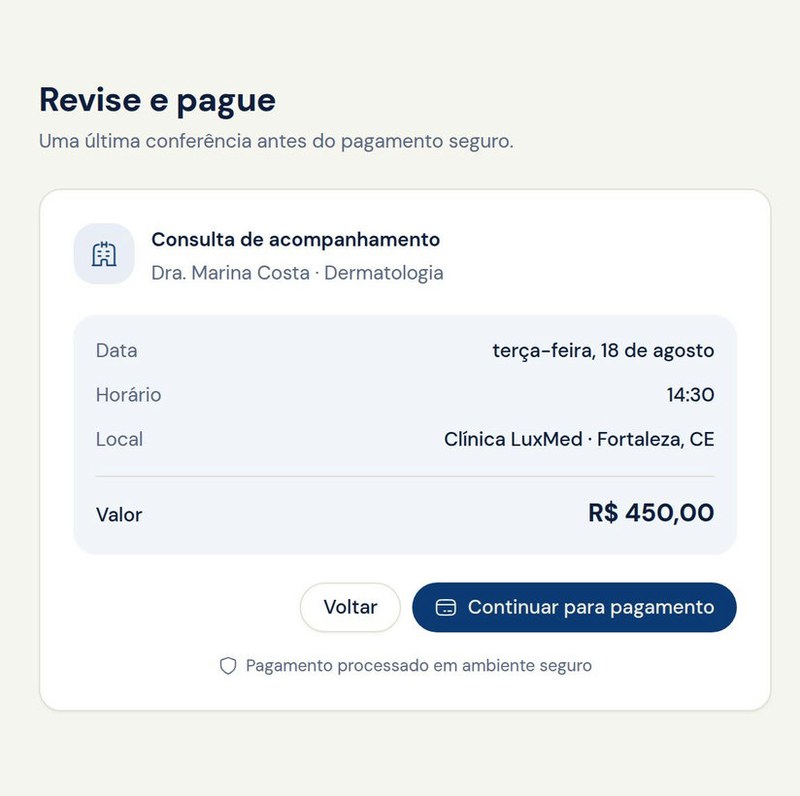 Checkout da LuxMed com resumo da consulta, valor e opções de parcelamento