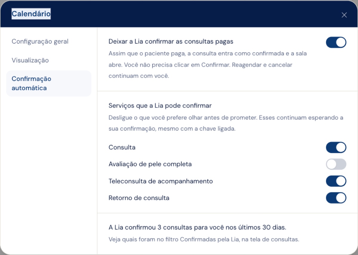 Aba Confirmação automática nos ajustes da agenda, com a chave principal ligada, a lista de serviços com um switch cada e o contador de consultas confirmadas nos últimos 30 dias