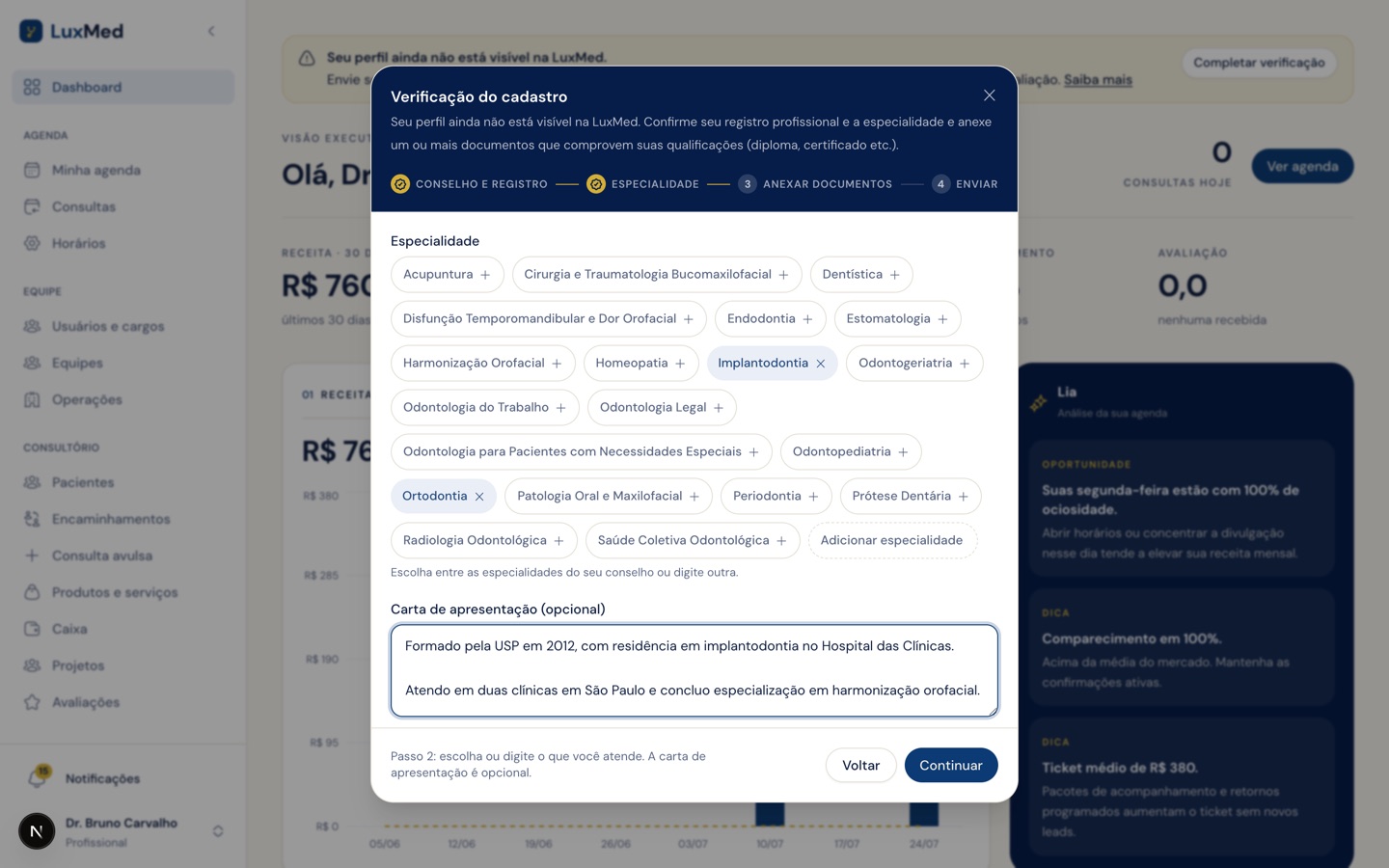 Etapa da especialidade com as especialidades de odontologia em pílulas e a carta de apresentação