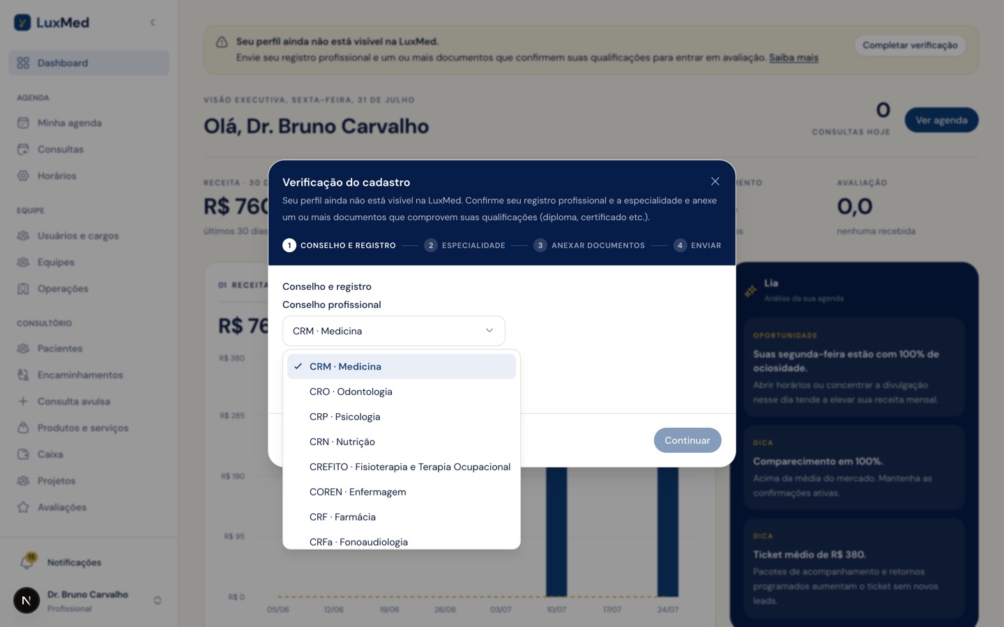 Primeira etapa da verificação com a lista de conselhos aberta e a área de cada um