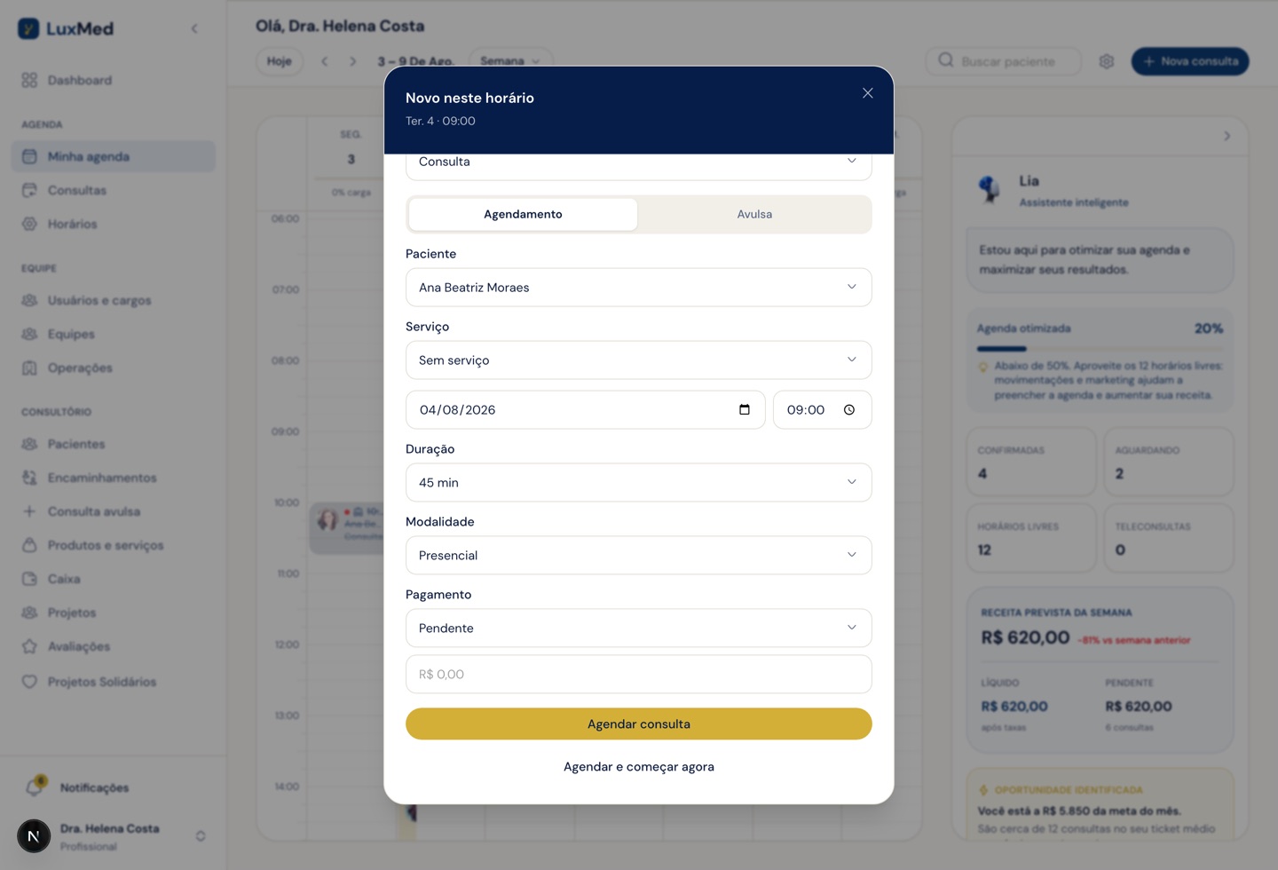 Modal de nova consulta na aba Agendamento, com os botões Agendar consulta e Agendar e começar agora