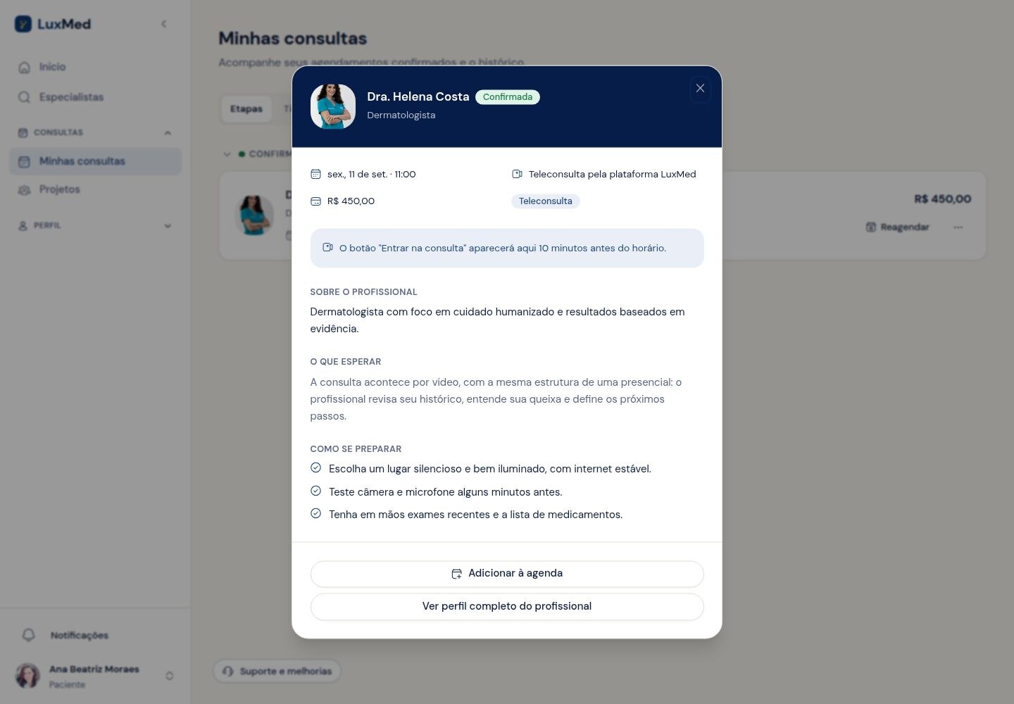 Detalhes da teleconsulta abertos diretamente na área do paciente com o status Confirmada