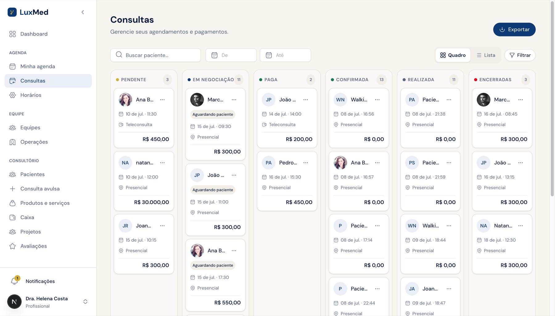 Quadro Kanban de consultas do profissional, com colunas por etapa