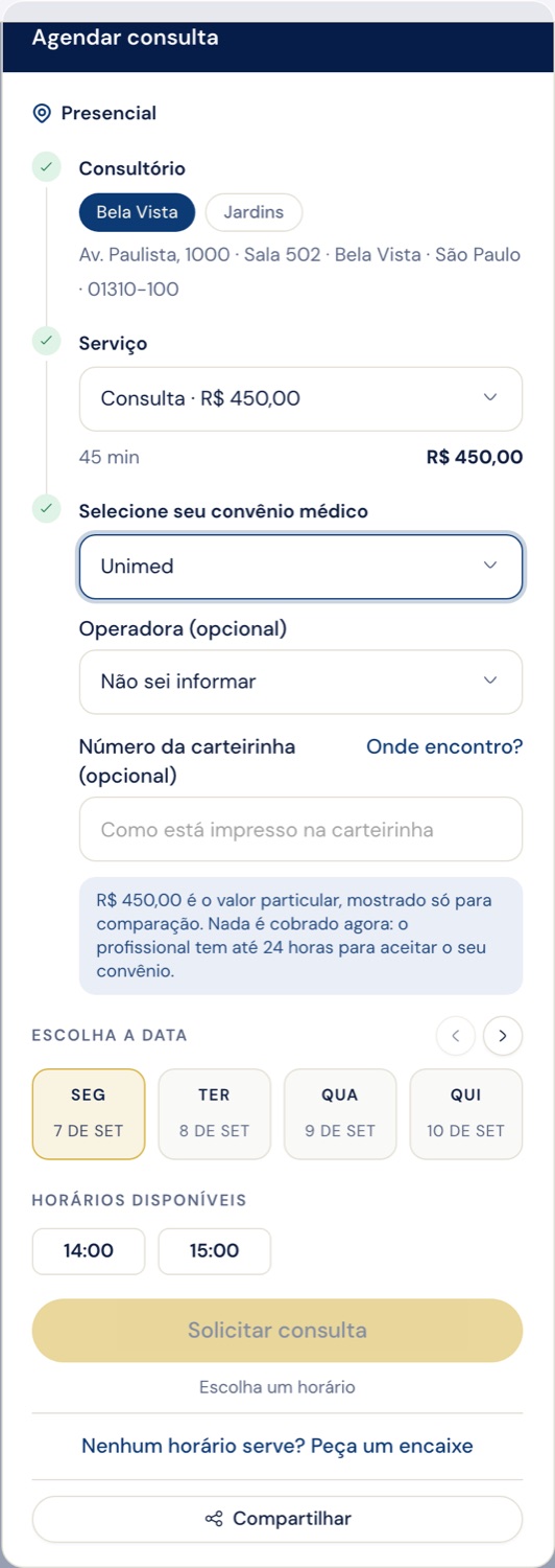 Passo de convênio com operadora, carteirinha e aviso de que nada é cobrado