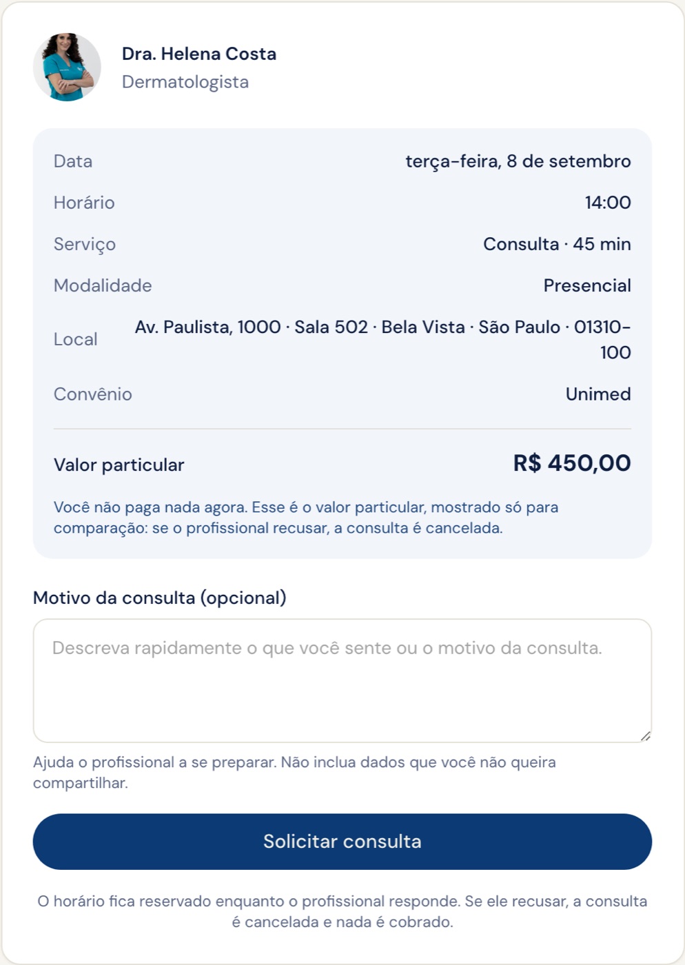 Resumo do agendamento por convênio, sem cobrança