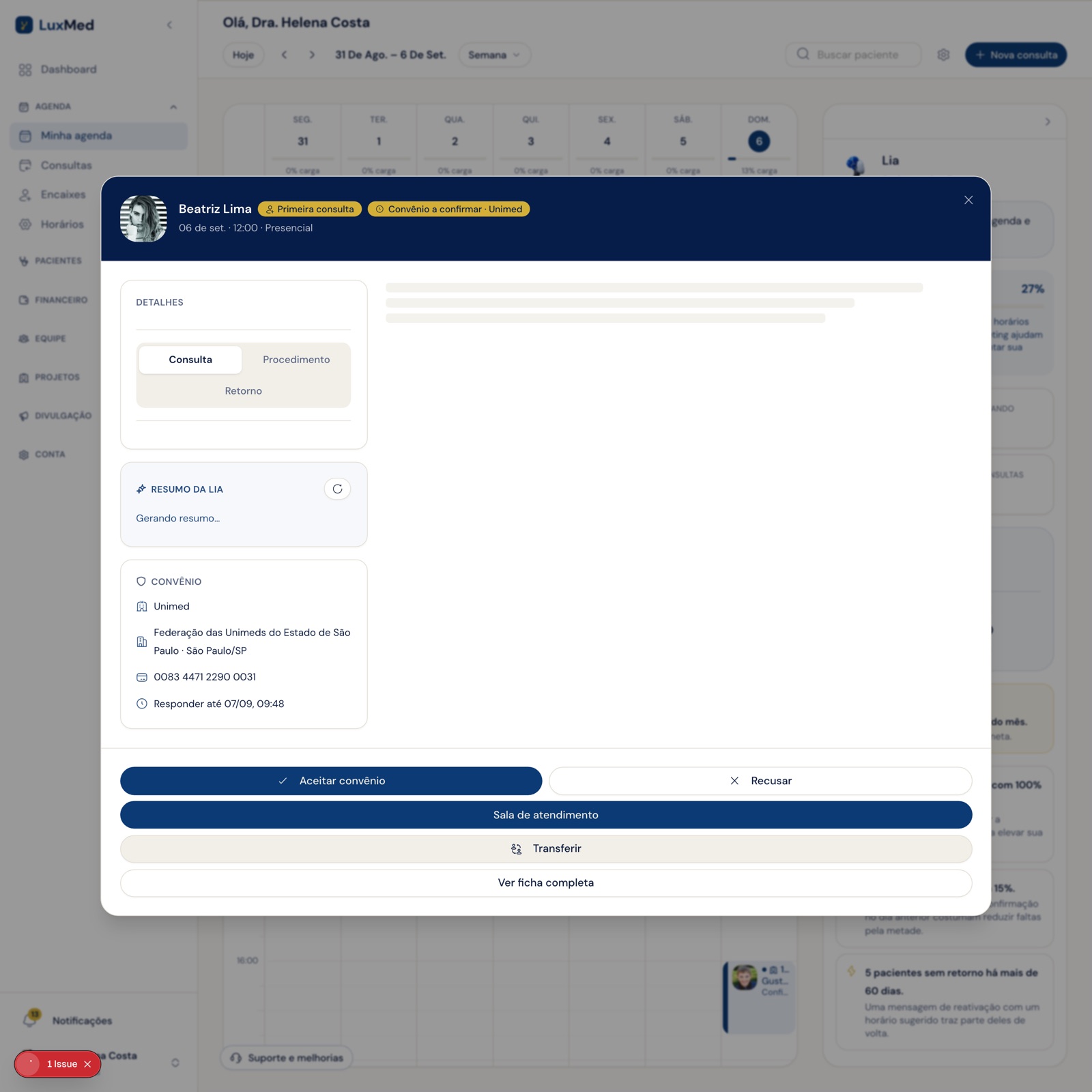 Modal da consulta com marca, operadora, carteirinha e prazo do convênio