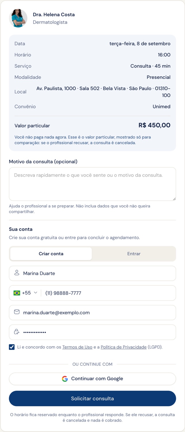 Checkout do convênio com o formulário de criar conta preenchido