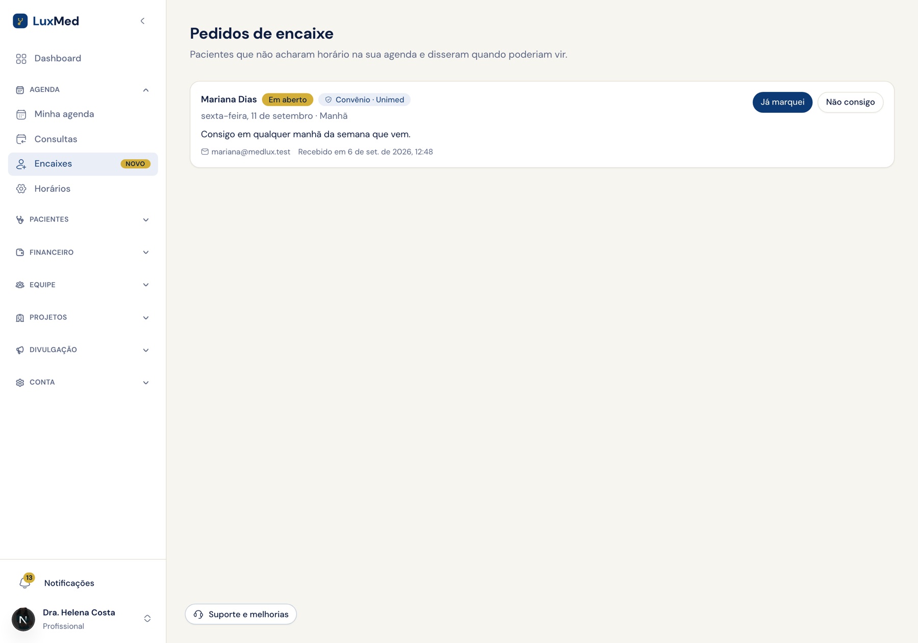 Pedido de encaixe mostrando o convênio declarado pelo paciente