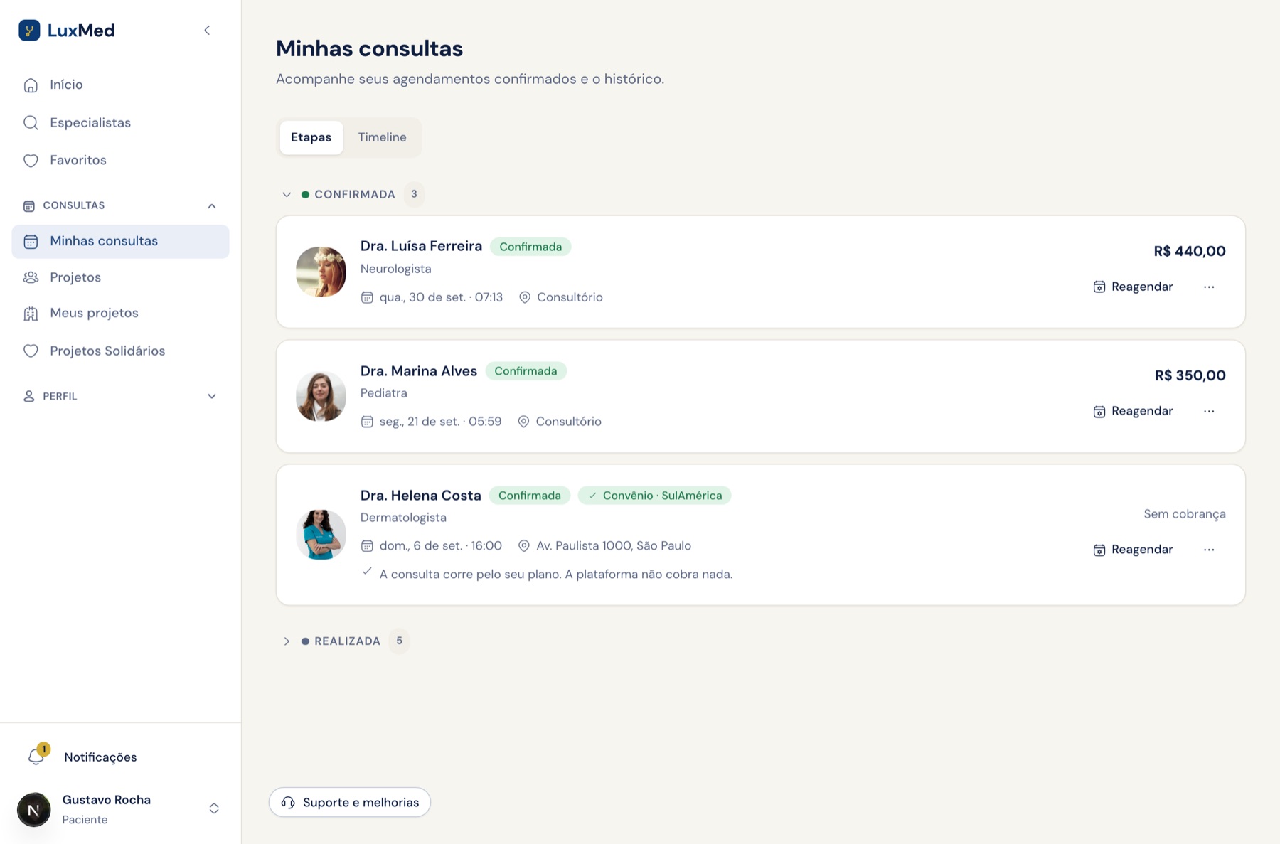 Consulta do paciente com o convênio aceito pelo profissional