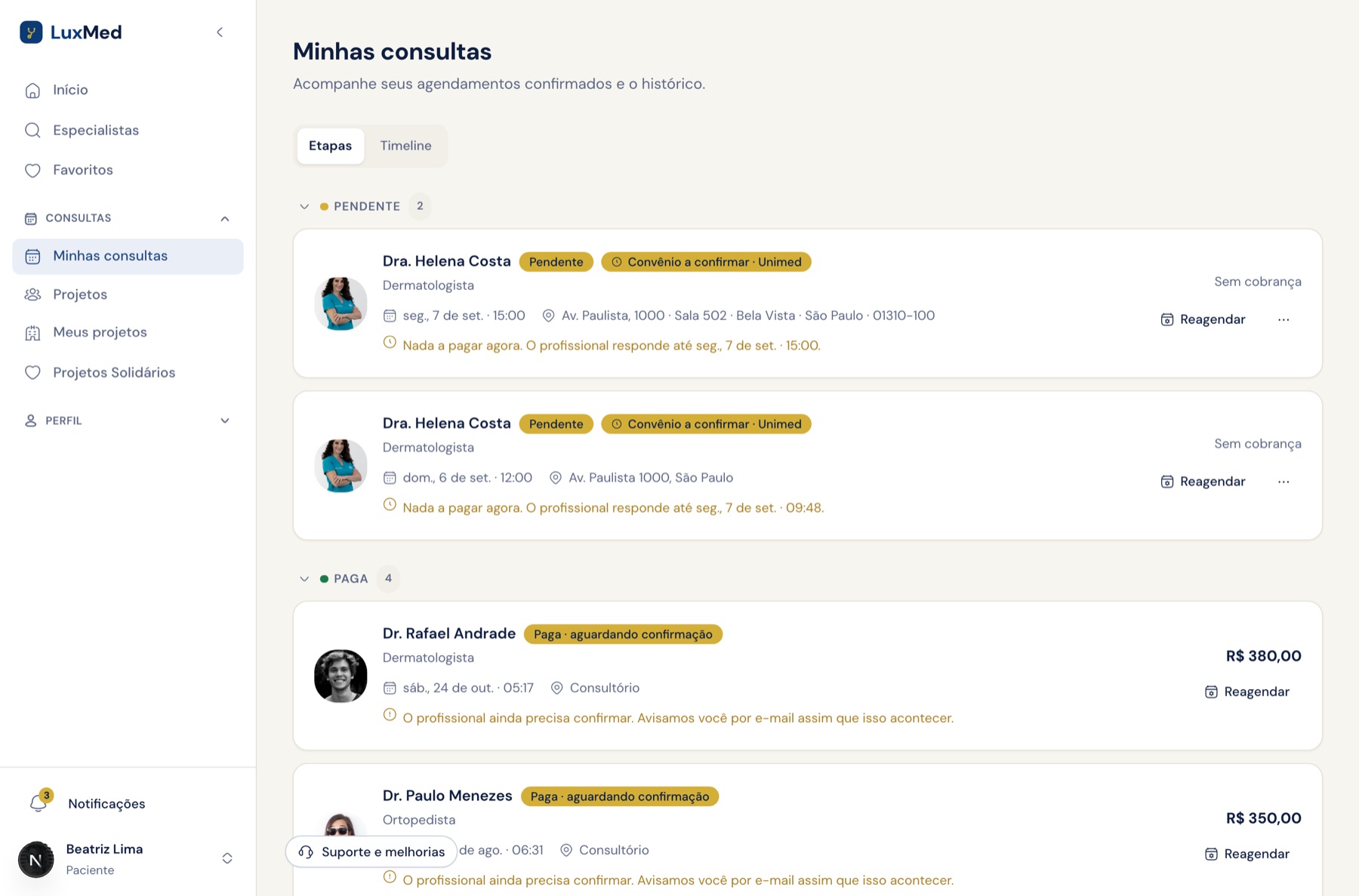 Consultas do paciente com o pedido de convênio aguardando resposta
