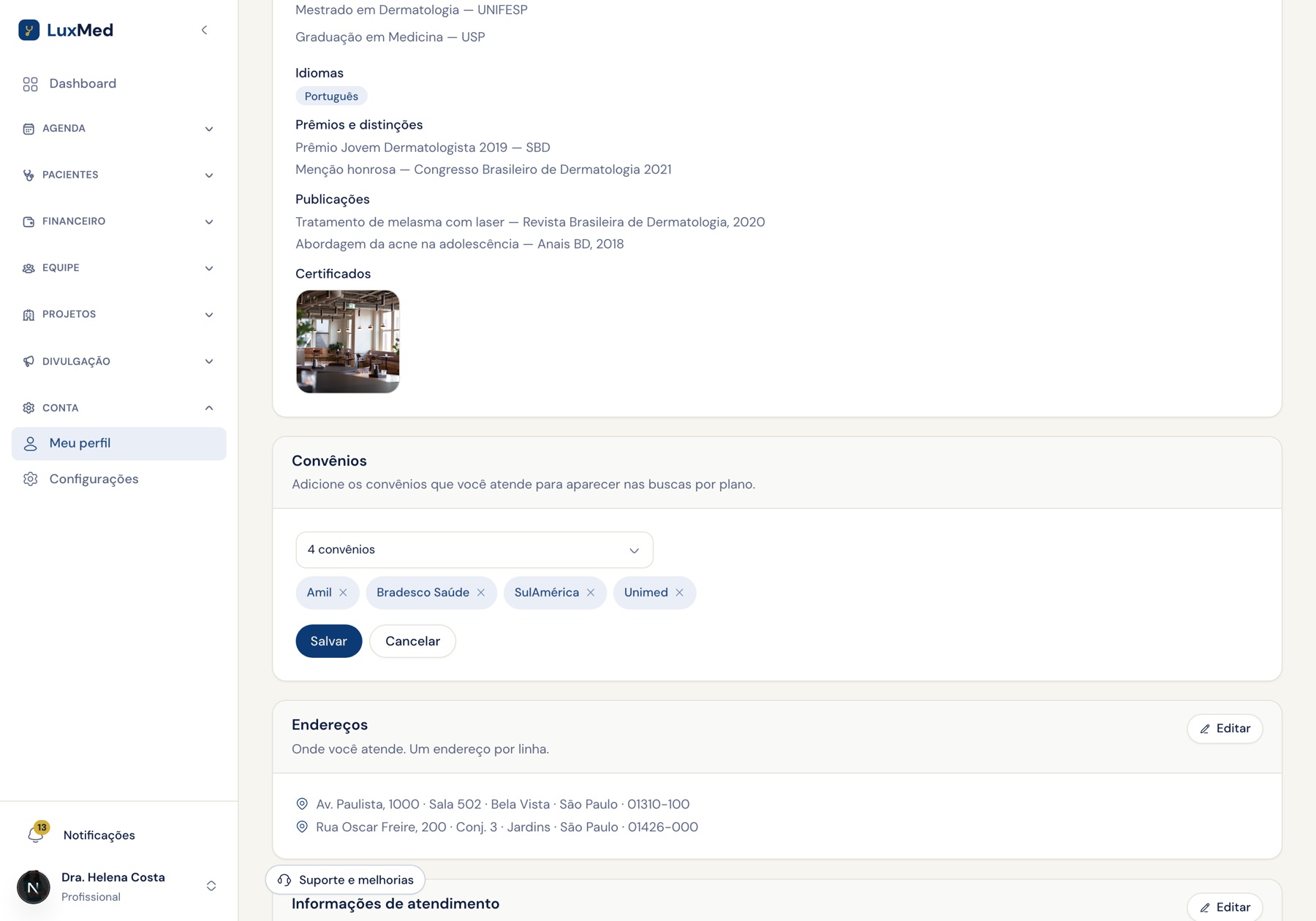 Seletor de convênios no perfil do profissional
