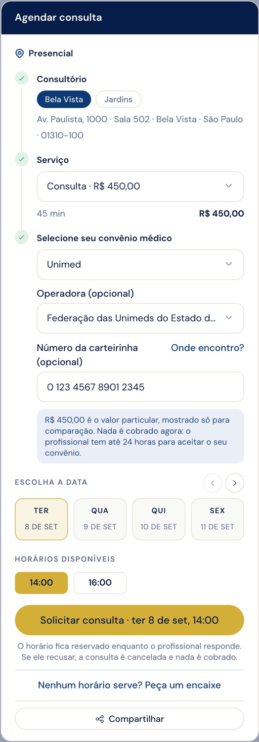 Card de agendamento preenchido com plano, operadora, carteirinha e horário