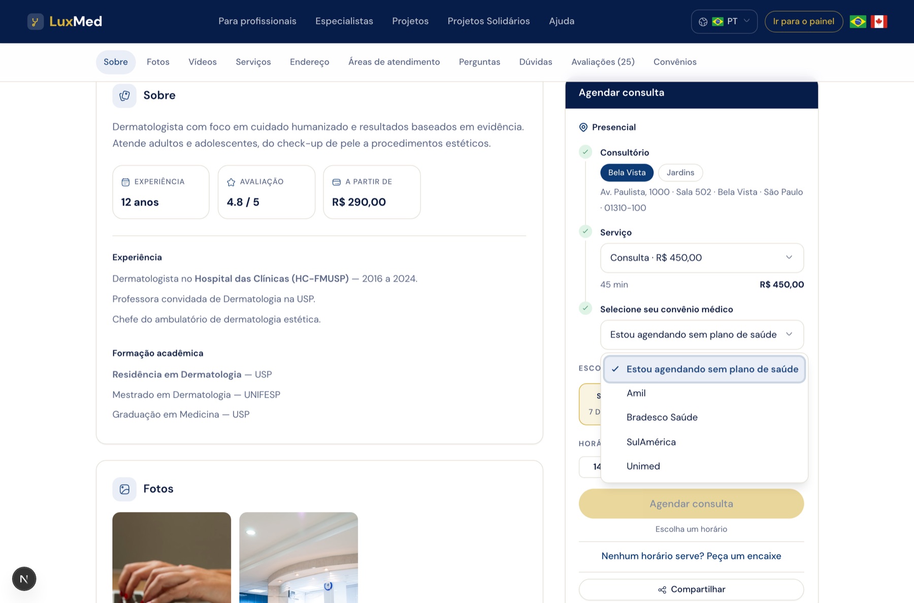 Seleção do convênio no card de agendamento do perfil público
