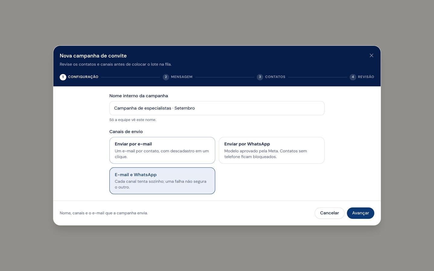 Formulário para criar campanha profissional por e-mail e WhatsApp