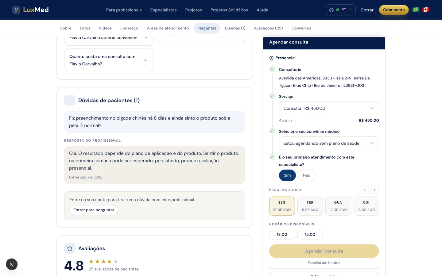 Perfil público com a seção Dúvidas de pacientes mostrando uma pergunta anônima e a resposta do profissional