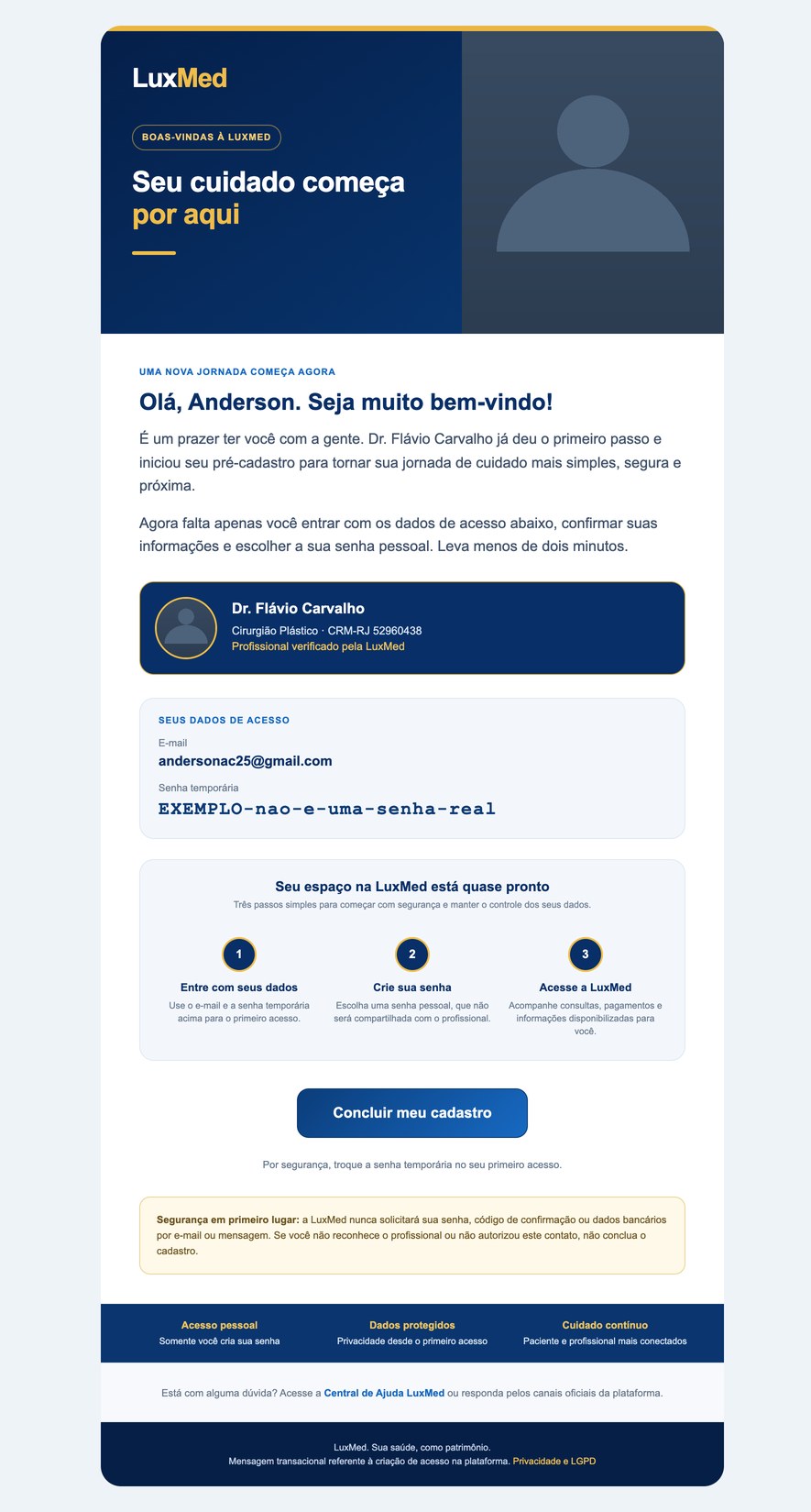 E-mail de boas-vindas ao paciente com a foto do profissional no topo, cartão de apresentação, dados de acesso, três passos e botão de concluir cadastro