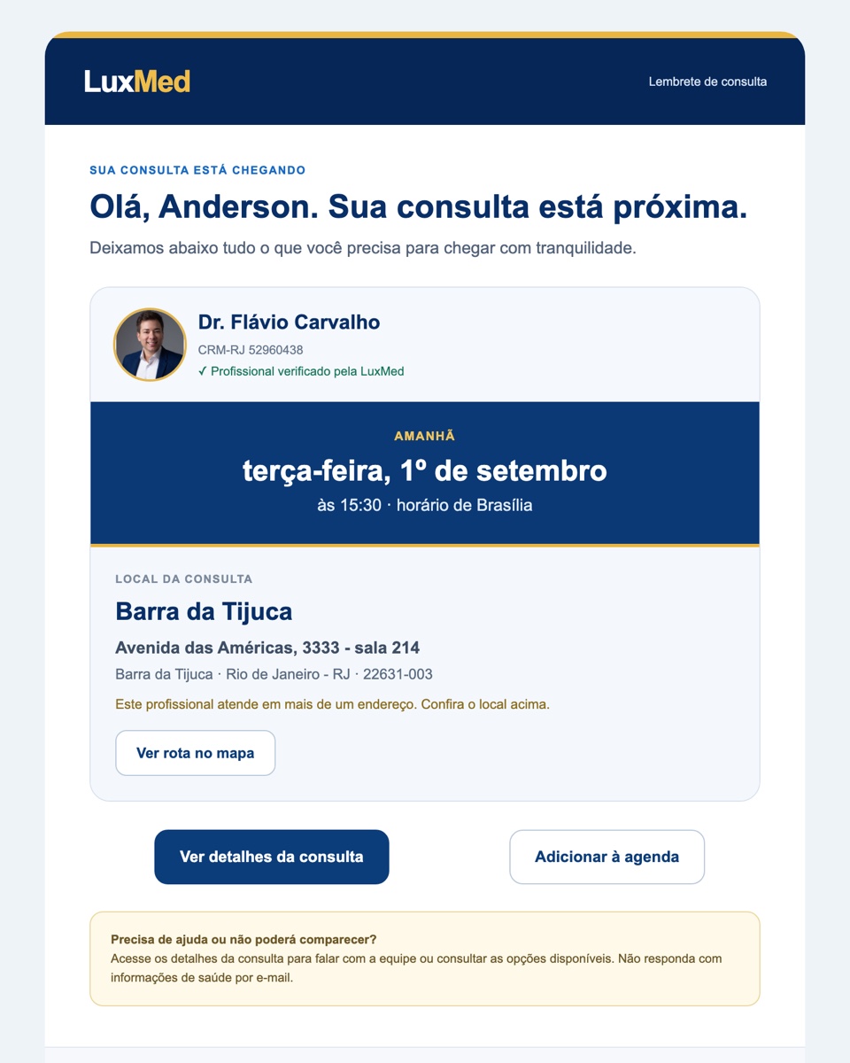 Lembrete de consulta com foto e registro do profissional, faixa de data, endereço com rota no mapa e botões de ver detalhes e adicionar à agenda