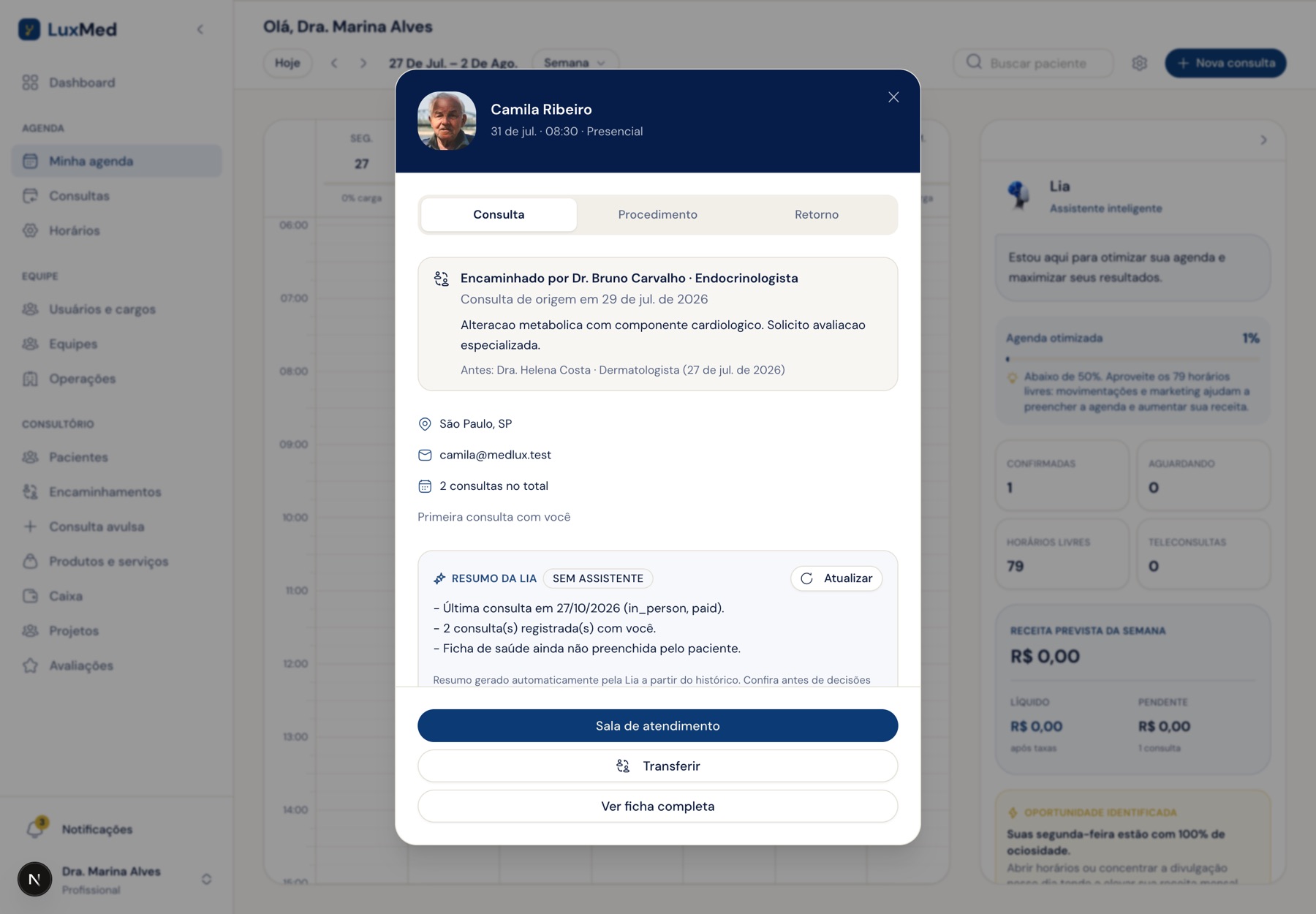 Consulta aberta mostrando quem encaminhou o paciente, a data da consulta de origem, o motivo e o colega anterior