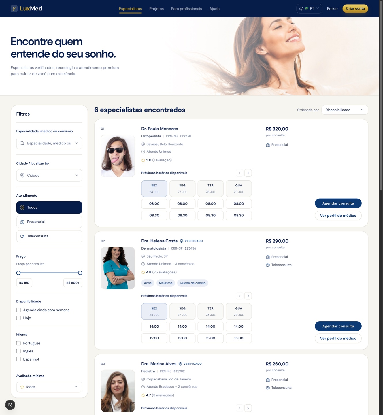 Página de especialistas com a coluna de filtros à esquerda e os cards numerados de profissionais com horários disponíveis