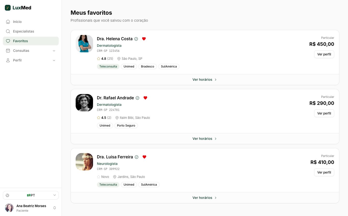 Lista de profissionais favoritos do paciente