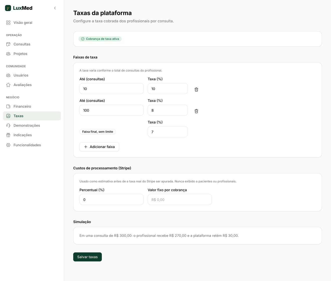 Configuração das faixas de taxa da plataforma