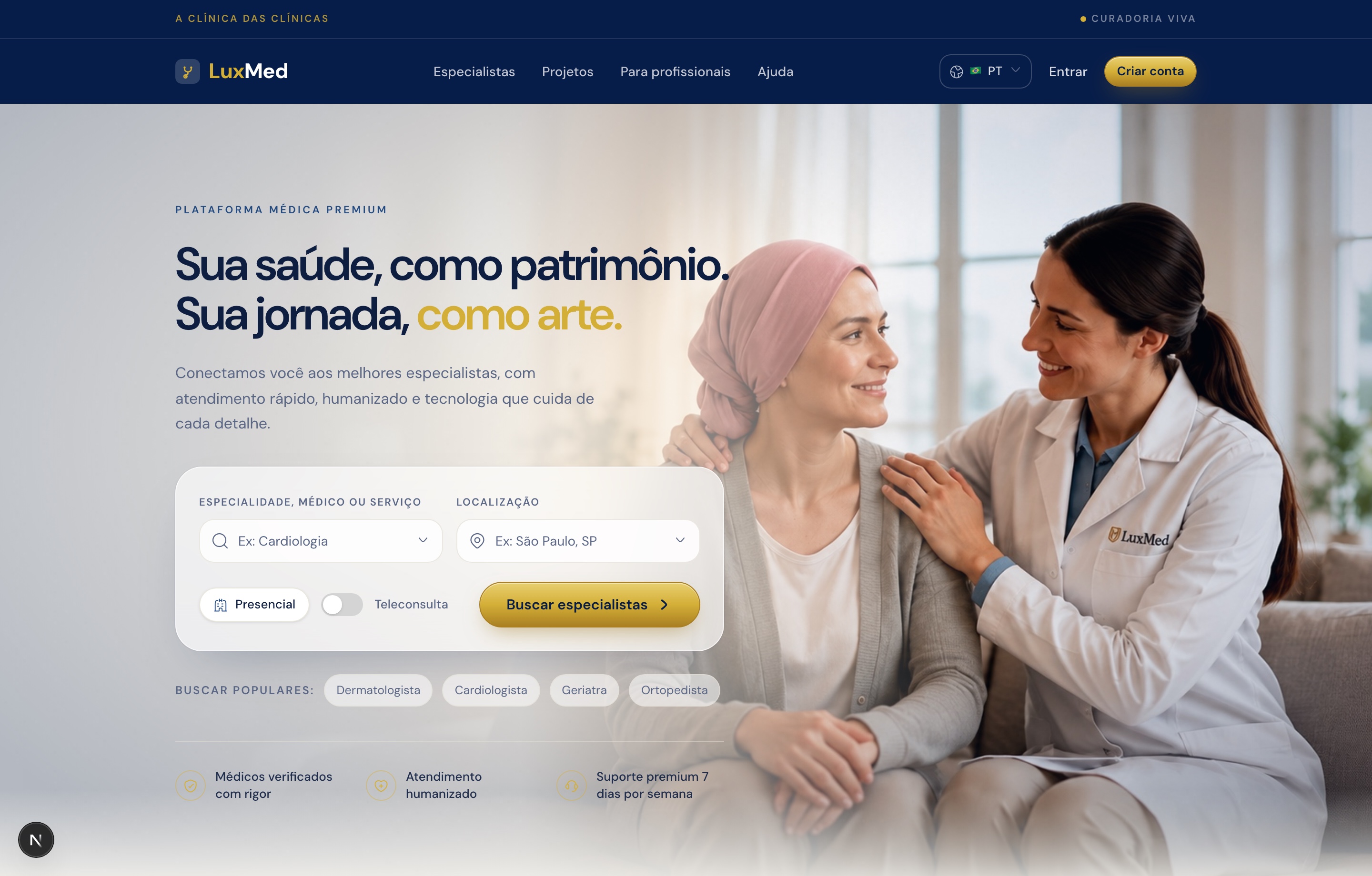 Nova hero da home LuxMed com busca de especialistas, foto de paciente e médica e layout limpo