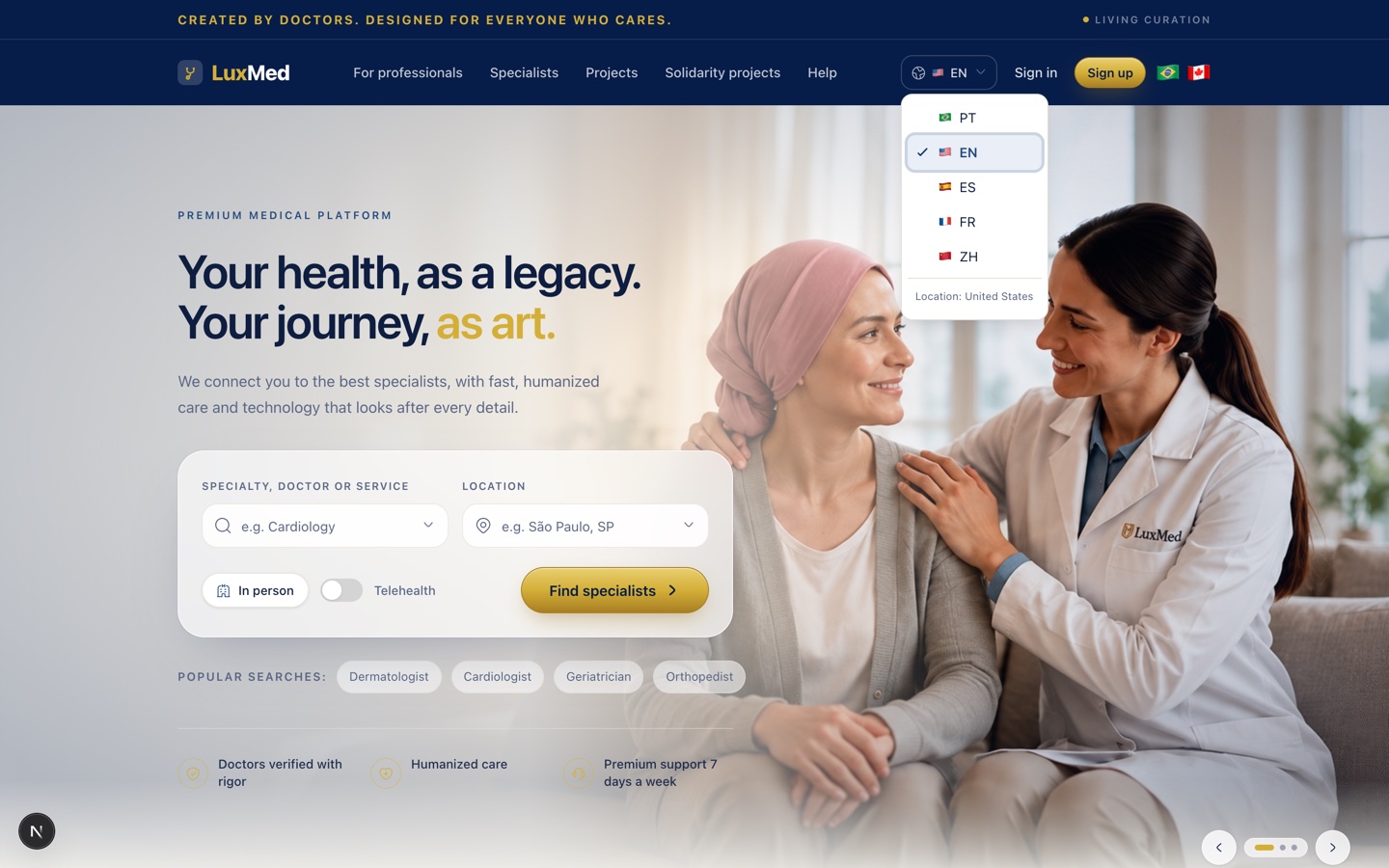 Site aberto em inglês para um visitante dos Estados Unidos, com o menu de idiomas aberto mostrando a linha Location: United States