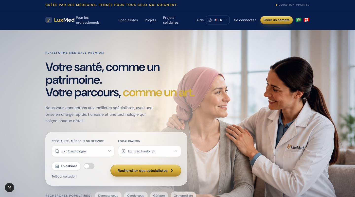 Página inicial da LuxMed exibida em francês, com o seletor de idiomas do cabeçalho mostrando FR