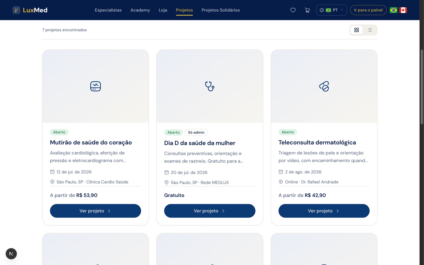 Listagem publica de projetos vista por um administrador, com o selo So admin no card