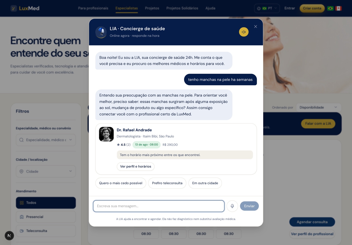 Painel de conversa da LIA com a resposta trazendo um dermatologista, nota, próximo horário e o motivo da indicação